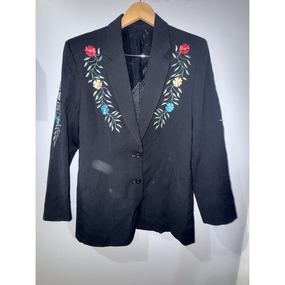 Manuel Cuevas Collection Women's Blazer Black Floral Embroidered Size 10 USA